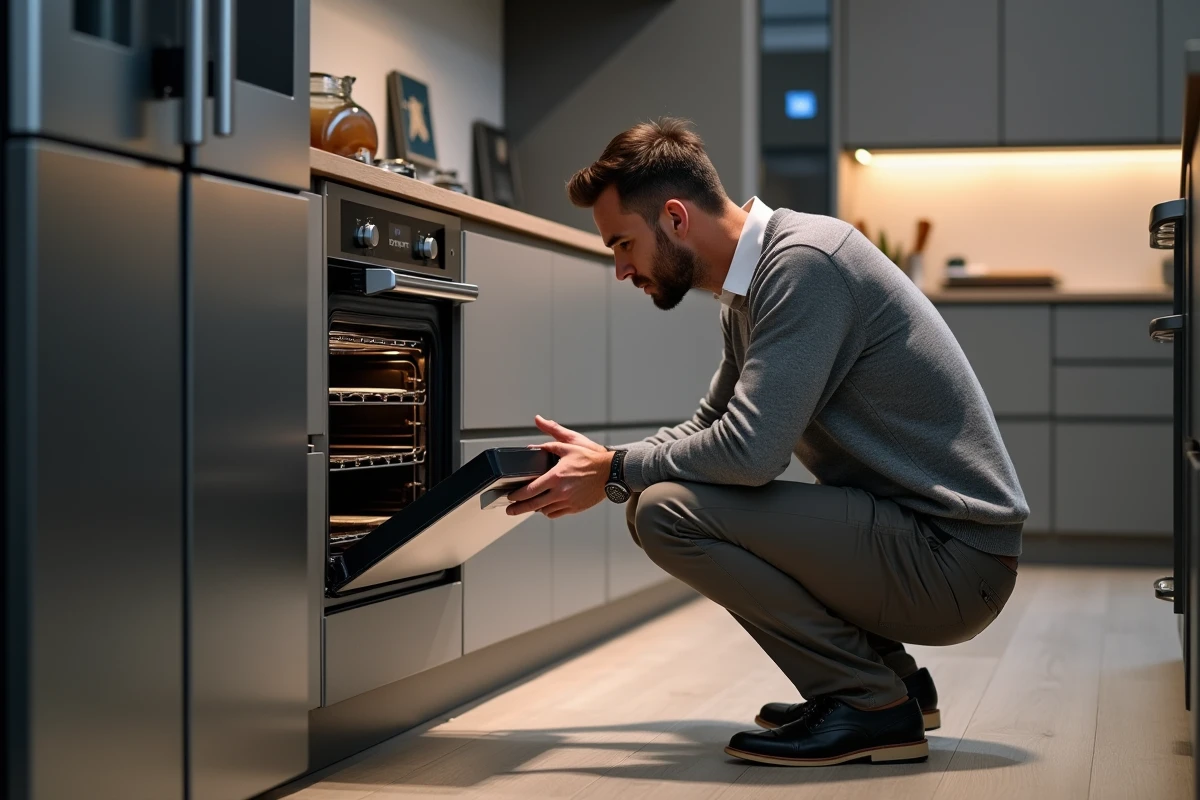 Homme inspectant un équipement électroménager dans un showroom de cuisine moderne