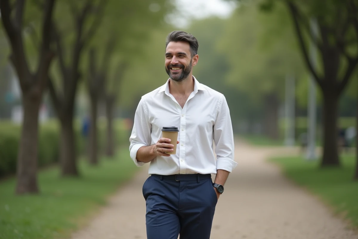 Homme en pause réflexive dans un parc urbain, illustrant l'équilibre entre vie professionnelle et bien-être personnel dans le développement personnel