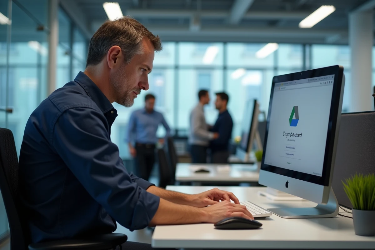 Homme consultant les paramètres de synchronisation Google Drive sur un ordinateur de bureau au bureau