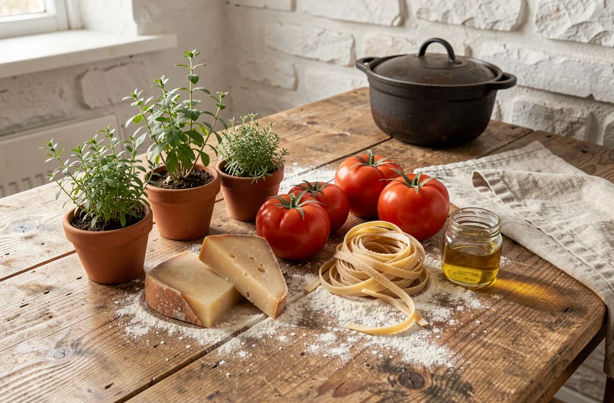 Plateau d'ingrédients gourmands artisanaux disposés sur une table en bois rustique dans une cuisine de ferme ensoleillée