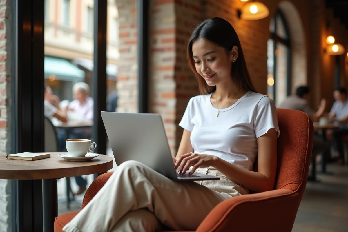 Jeune entrepreneuse travaillant sur son développement commercial en ligne depuis un café urbain tendance