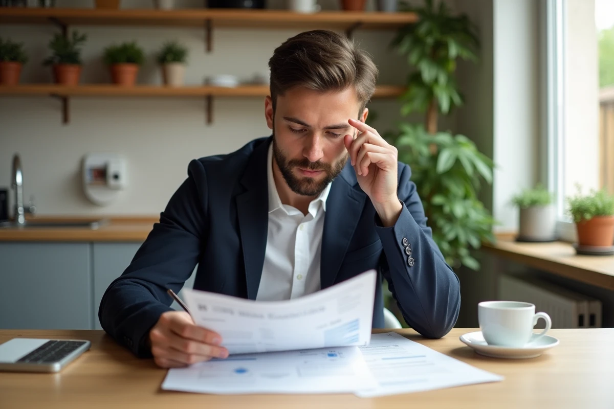 Jeune homme analysant un rapport économique dans sa cuisine
