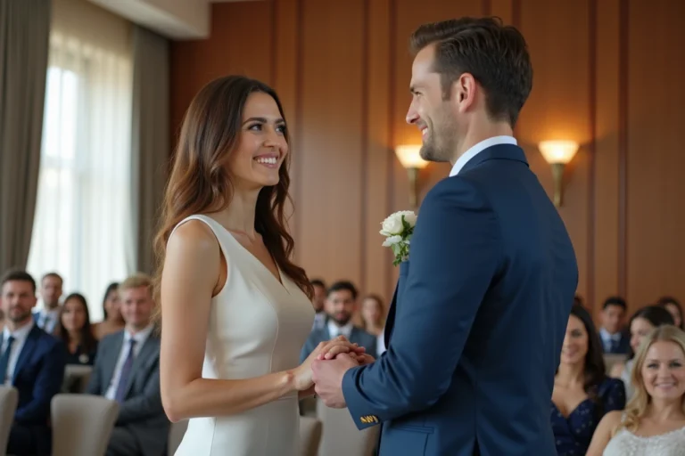 Couple souriant lors d'un mariage civil élégant en salle