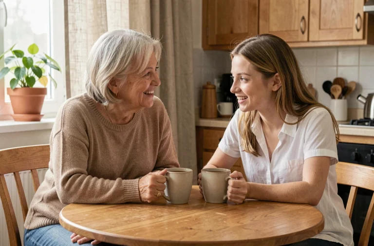 Mère et fille adulte en conversation sincère autour d'une table en bois dans une cuisine chaleureuse