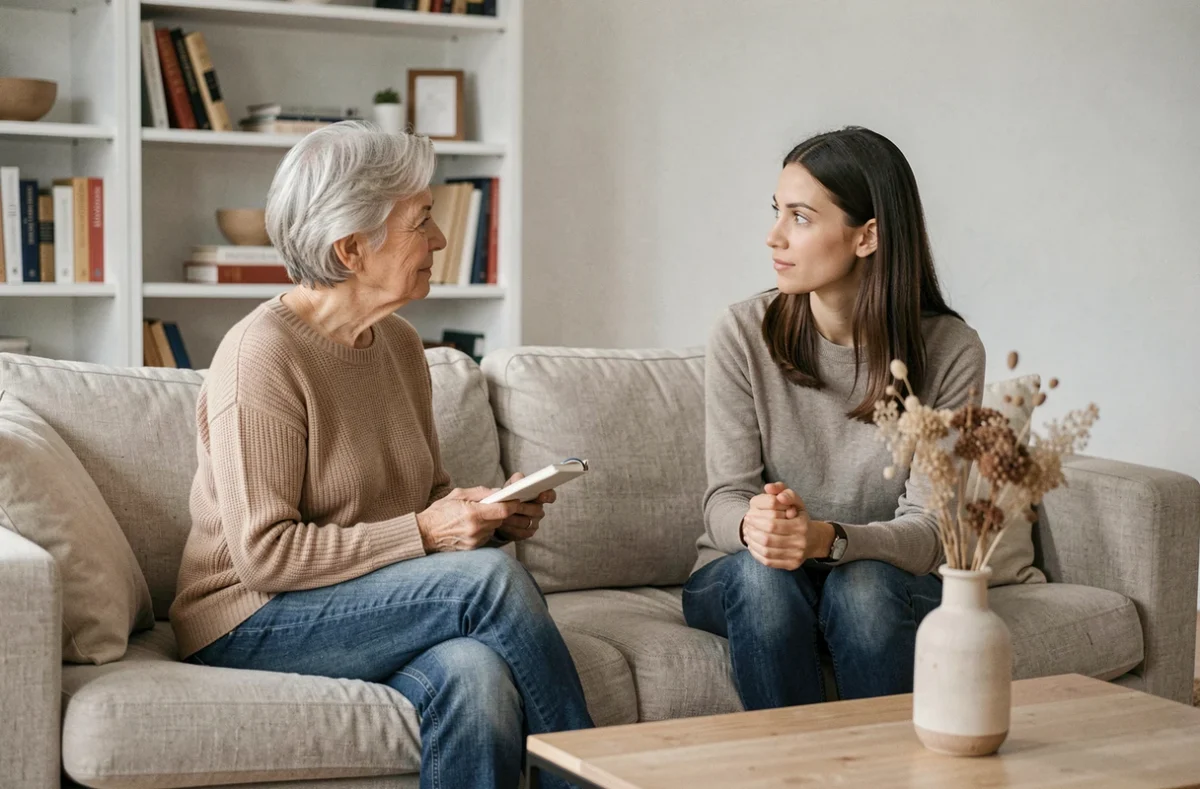 Mère et fille adulte assises face à face dans un salon moderne, engagées dans une conversation apaisée