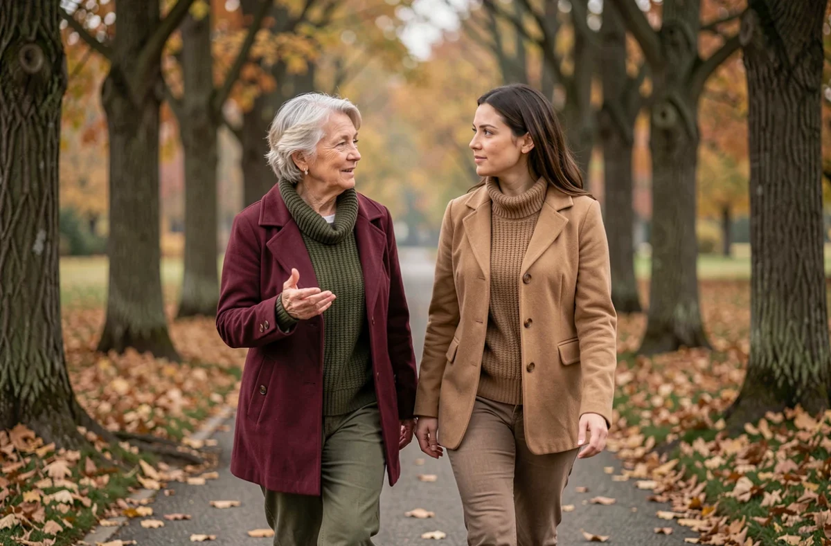 Mère et fille adulte se promenant ensemble dans un parc en automne, en train de dialoguer calmement