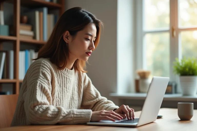 Femme mettant à jour ses informations bancaires en ligne sur un ordinateur portable dans un bureau à domicile