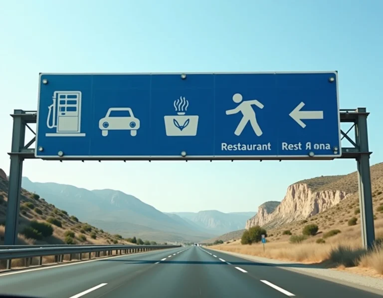Panneau bleu autoroutier espagnol indiquant des services sur une voie rapide gratuite en Espagne