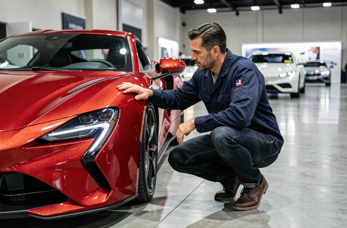 Passionné de voitures admirant une sportive rouge au salon automobile, main posée sur la carrosserie brillante