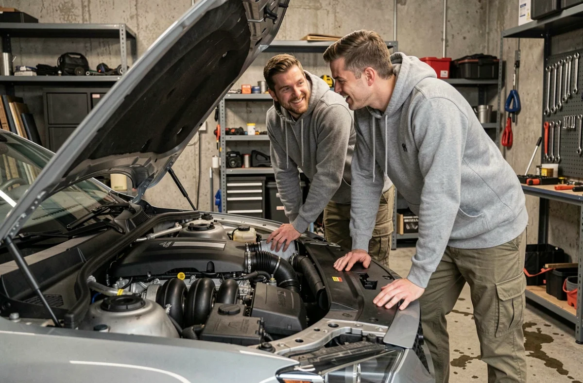 Deux passionnés de mécanique automobile inspectant le moteur d'une voiture de sport dans un garage urbain