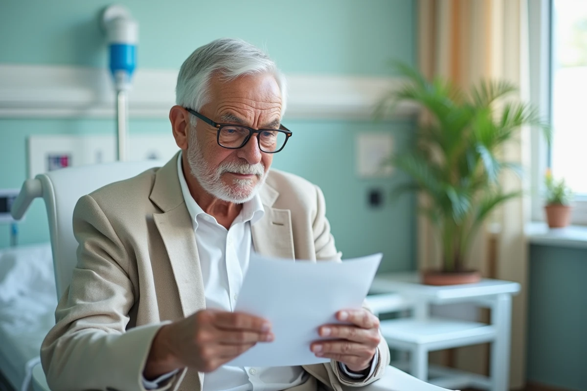 Homme âgé concentré lisant des documents médicaux dans une chambre d'hôpital, illustrant le suivi et le traitement d'un cancer en 2026