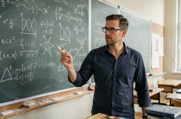 Physicien expliquant des équations de physique quantique au tableau dans une salle de cours universitaire