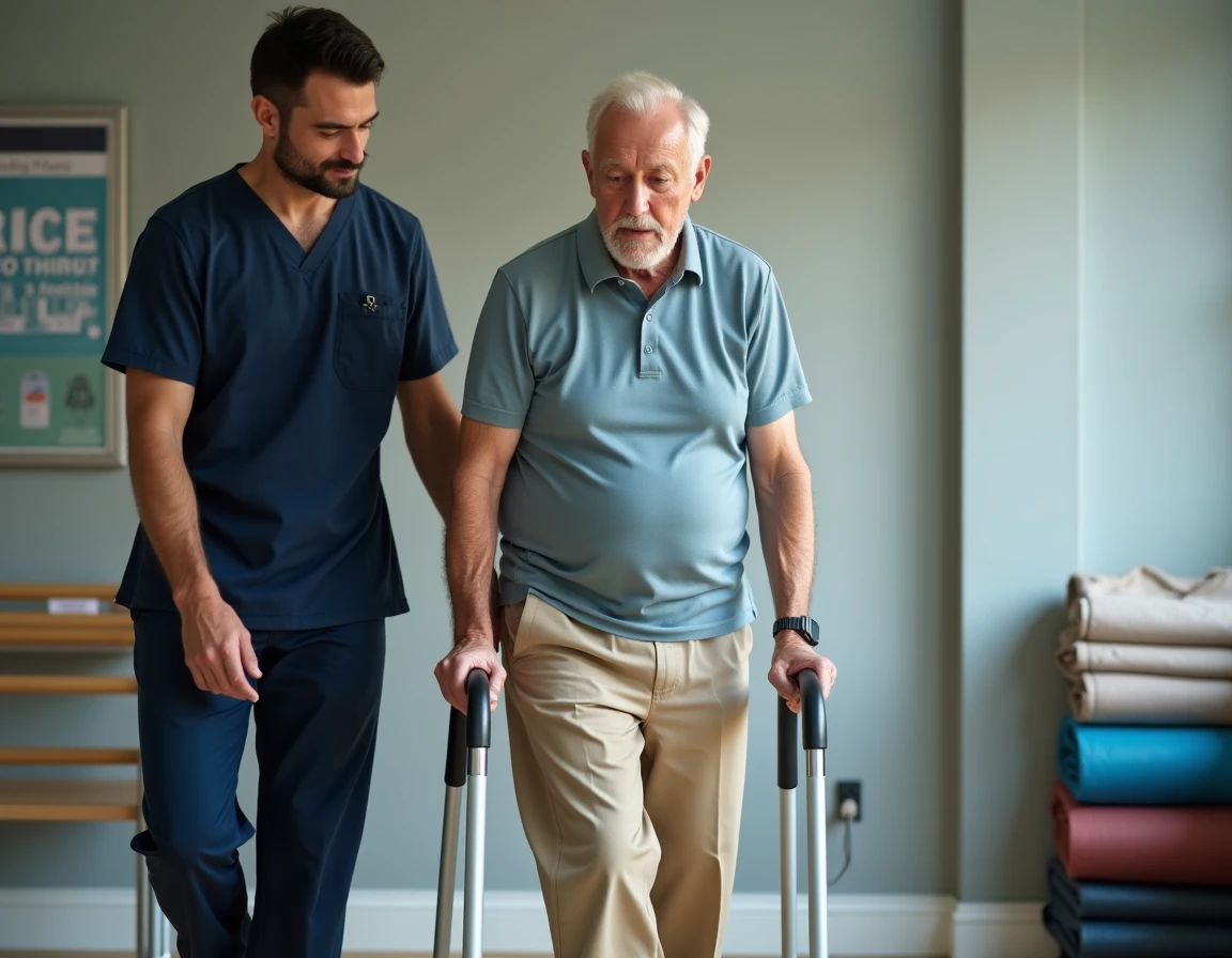 Kinésithérapeute accompagnant un patient âgé marchant avec un déambulateur lors d'une rééducation après fracture du bassin