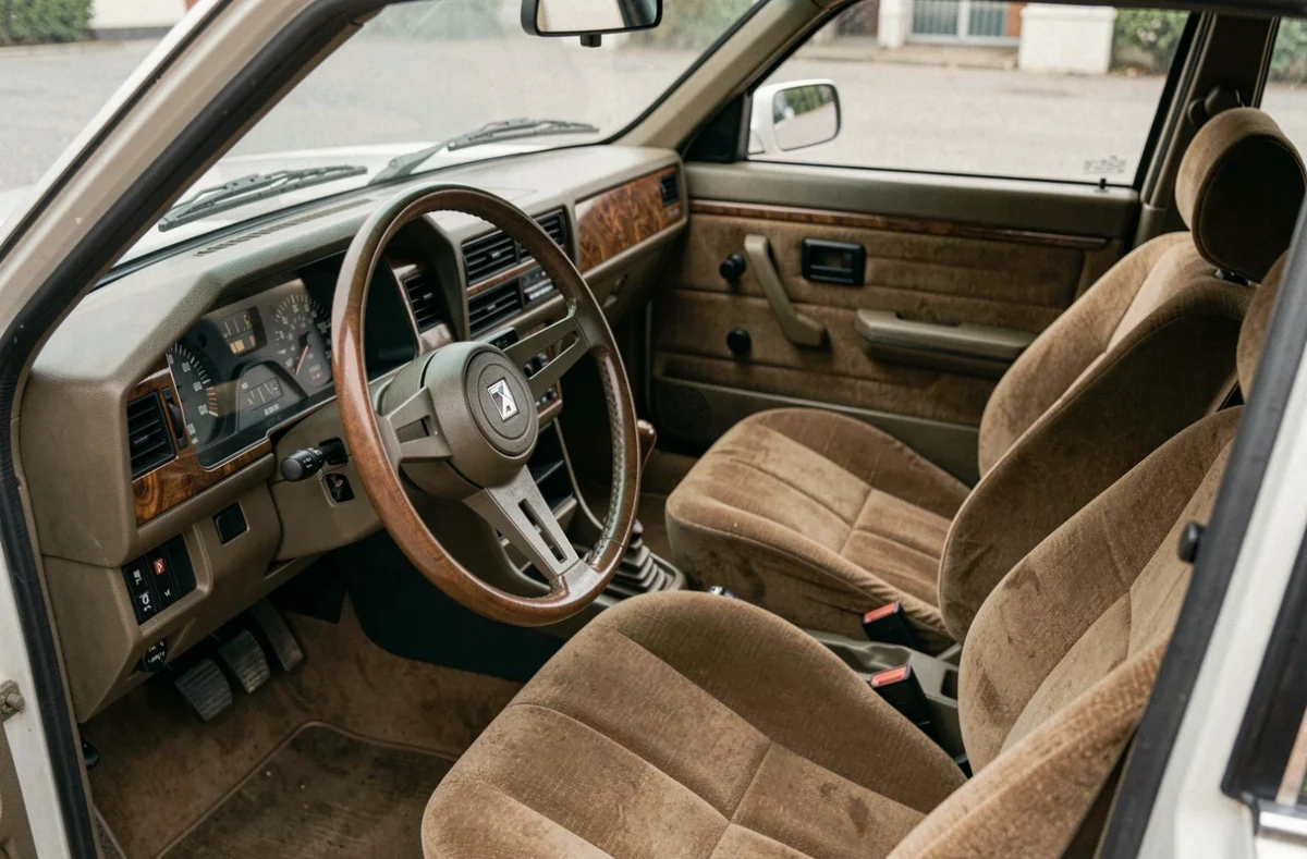 Intérieur vintage de la Renault 30 TX avec tableau de bord en bois et sièges en velours brun