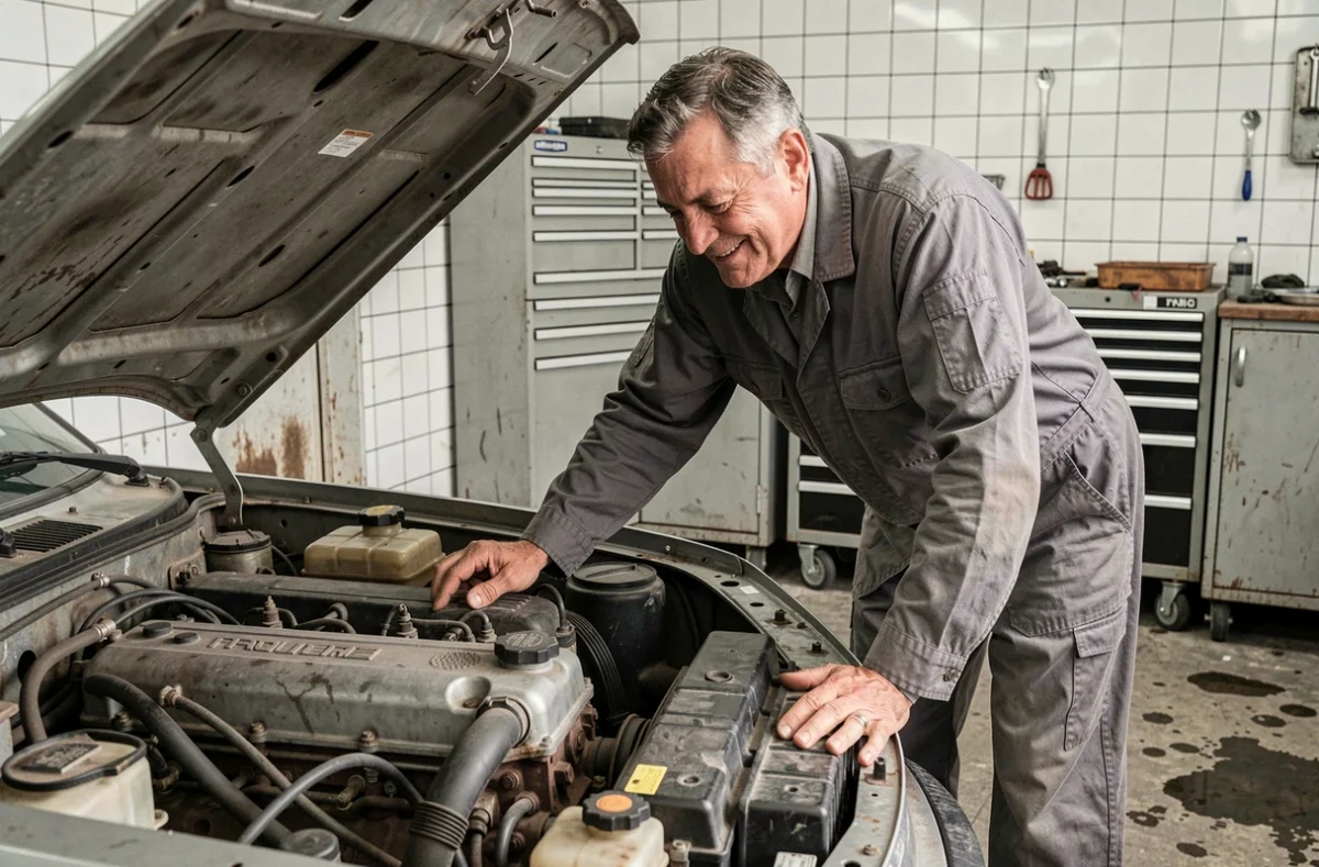 Mécanicien inspectant le moteur V6 PRV de la Renault 30 TX dans un garage français vintage