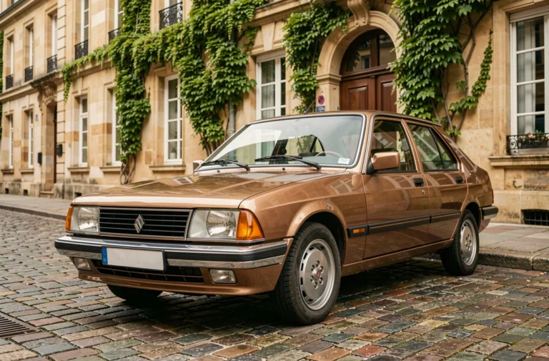 Renault 30 TX bronze métallisé garé sur pavés devant bâtiment en pierre français, vue trois-quarts avant