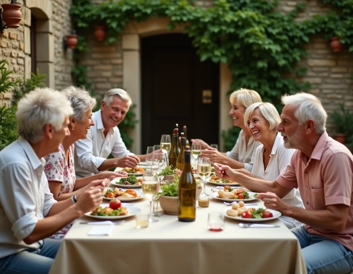 Cousins adultes attablés dans la cour d'une ferme en pierre partageant un repas traditionnel lors d'une cousinade