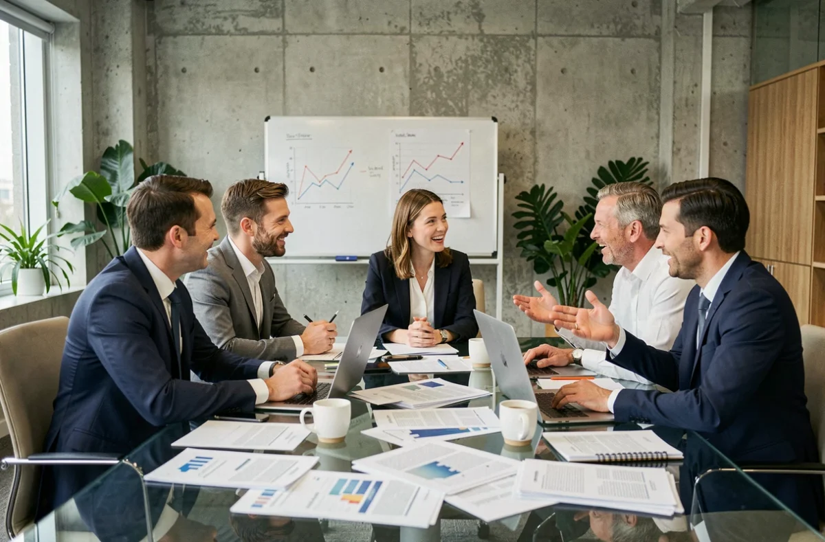 Équipe de professionnels en réunion d'affaires autour d'une table avec des rapports économiques