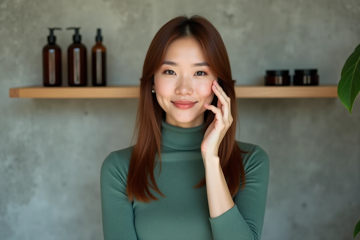 Femme appliquant un sérum visage dans un studio beauté minimaliste avec mur en béton et produits de soin