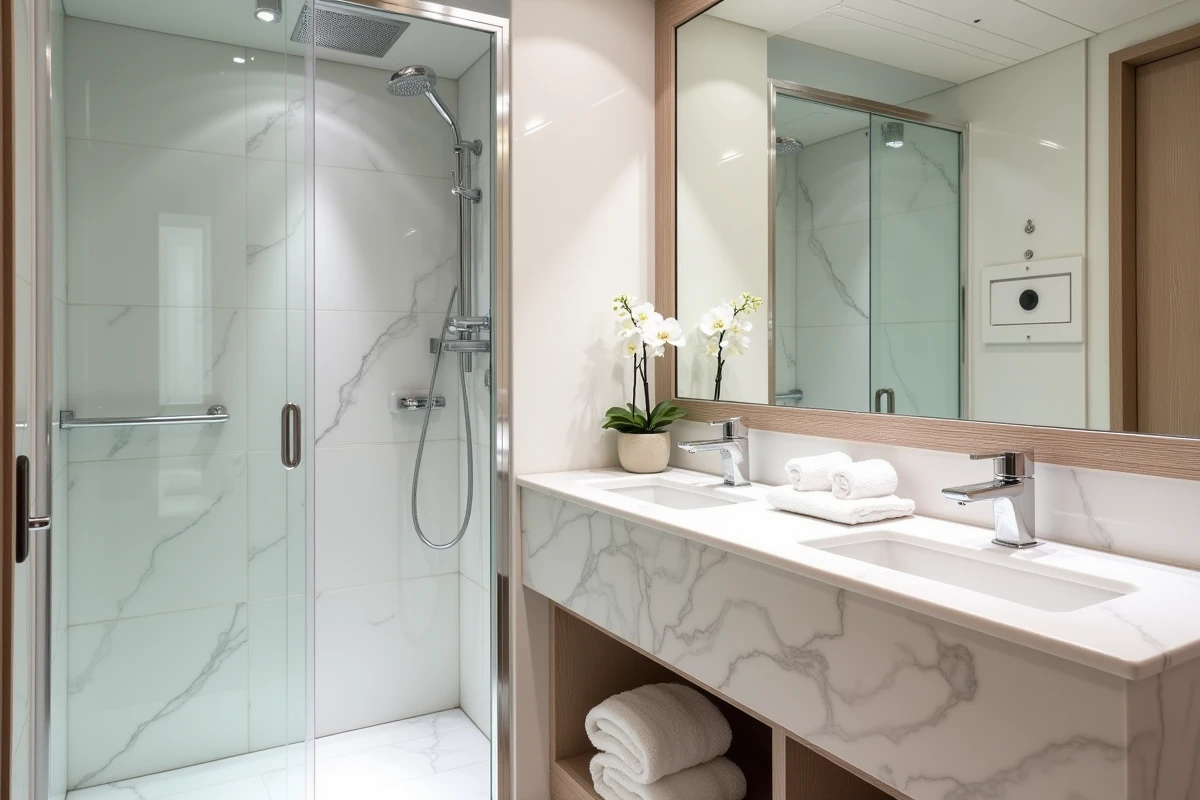 Salle de bain luxueuse d'une suite Costa Croisières avec douche à l'italienne et finitions marbre