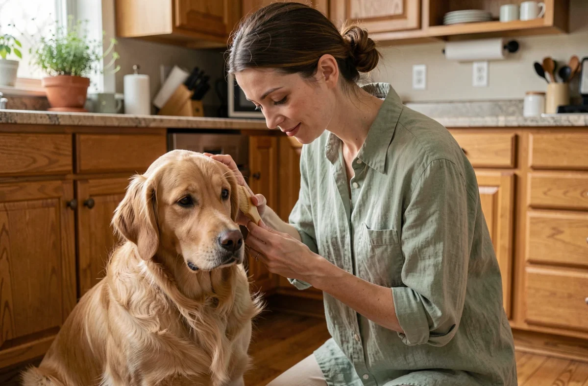 Femme brossant son golden retriever dans une cuisine chaleureuse en bois, soin quotidien de l'animal de compagnie