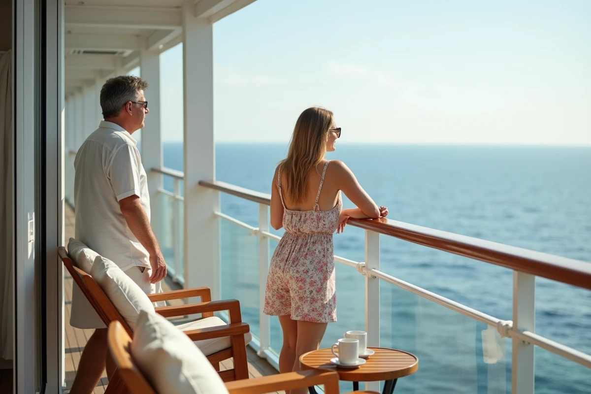 Couple profitant du balcon privé d'une suite Costa Croisières avec vue sur la mer Méditerranée