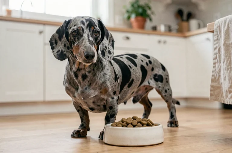 Teckel à poil ras arlequin regardant son bol de croquettes sur un parquet en chêne dans une cuisine moderne