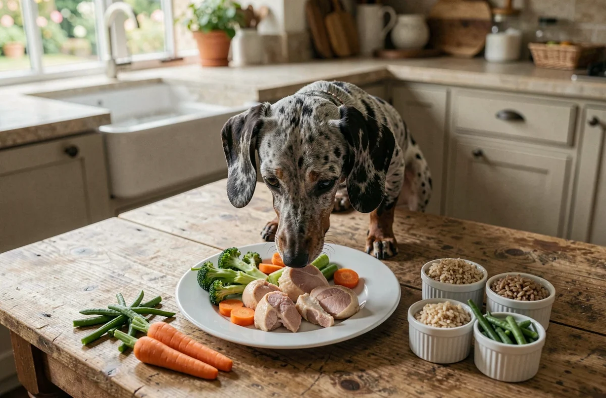 Teckel à poil ras arlequin mangeant un repas maison équilibré avec légumes et poulet sur une table en bois rustique