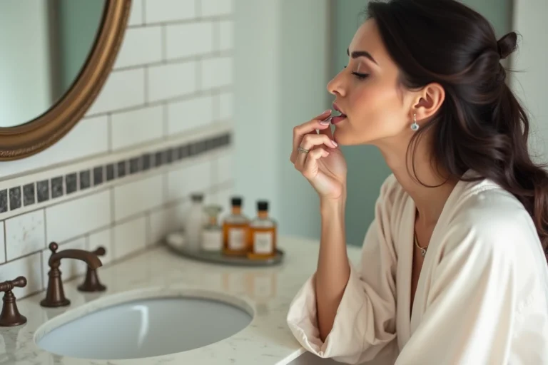 Femme appliquant un rouge à lèvres naturel devant une coiffeuse en marbre dans une salle de bain style parisien