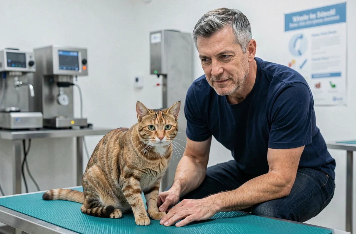 Homme accompagnant son chat tigré lors d'une visite chez le vétérinaire, soins de santé pour animaux de compagnie