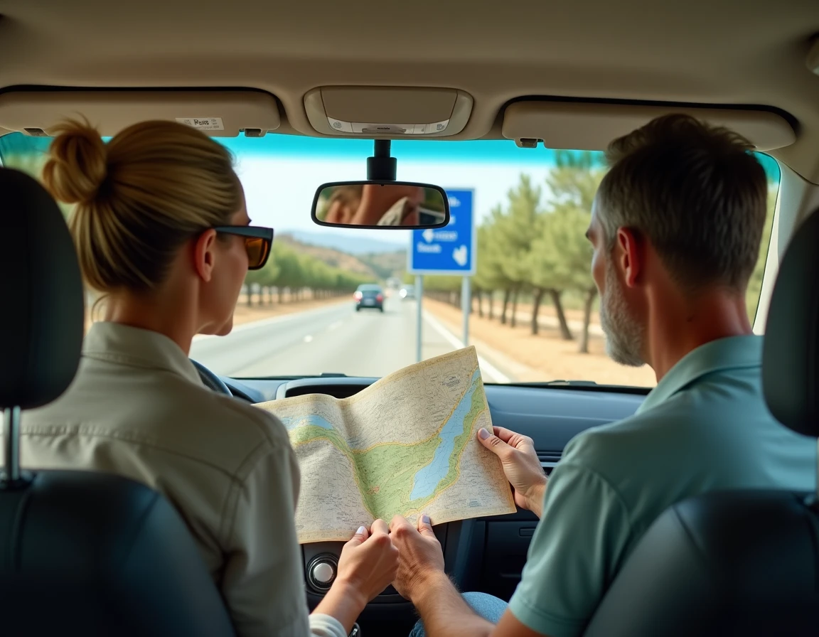 Couple de voyageurs consultant une carte routière en voiture près d'un panneau de signalisation autoroutier bleu en Espagne
